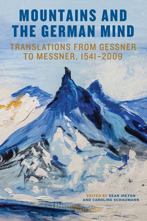 Buchcover mit dem Titel "Mountains and the German Mind". Darstellung eines abstrakten Berggemäldes in Blautönen.