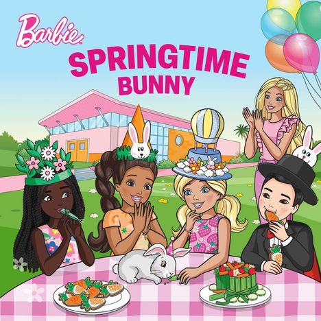 Text: "Springtime Bunny". Illustration von Kindern bei einem Picknick, dekoriert mit Hasenmotiven und Frühlingshüten.