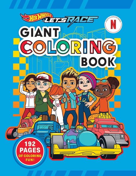Text: "Hot Wheels Let's Race", "Giant Coloring Book", "192 Pages of Coloring Fun!". Illustration mit fröhlichen Kindern und Autos.