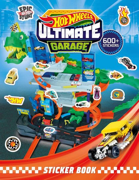 "Hot Wheels Ultimate Garage" und "600+ Stickers". Bunte Rennstrecke mit Dinosaurier, Autos und Aufklebern.