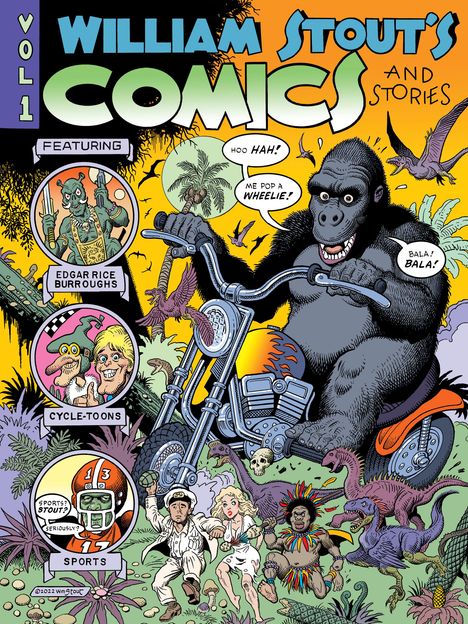„WILLIAM STOUT'S COMICS AND STORIES VOL 1“: Ein Gorilla auf einem Motorrad, Dinosaurier und Menschen in Dschungelumgebung.