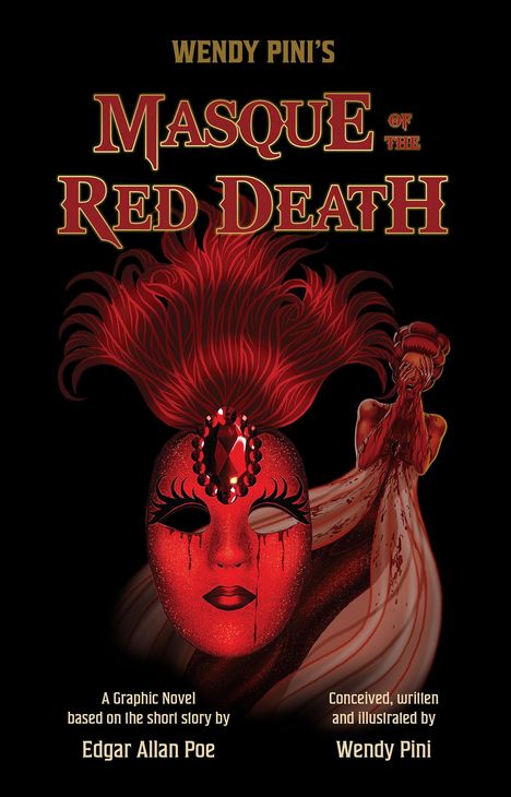 Text: "Wendy Pini's Masque of the Red Death". Illustration: Rote Maske mit Federn, weinende Person im Hintergrund.