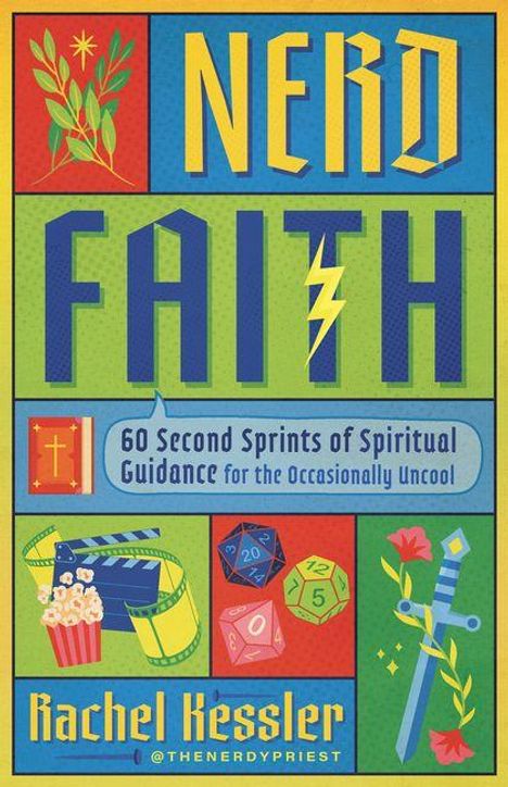 „60 Second Sprints of Spiritual Guidance for the Occasionally Uncool“. Buntes Design mit Würfeln, Popcorn und einem Schwert.