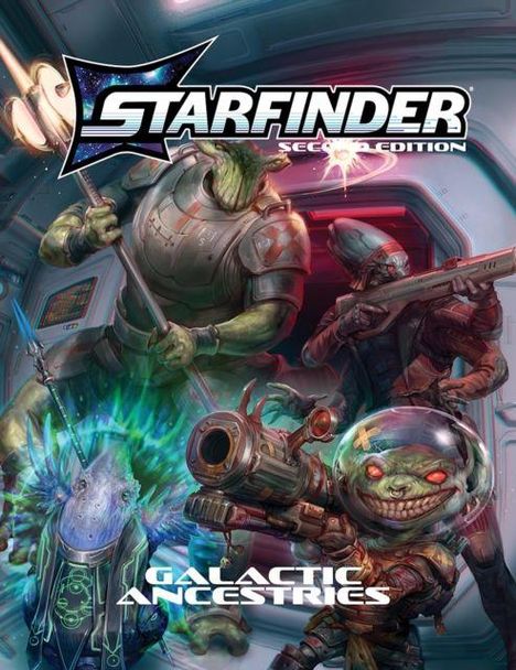 „Starfinder Second Edition“, „Galactic Ancestries“. Eine bunte, dynamische Sci-Fi-Illustration mit außerirdischen Kreaturen.