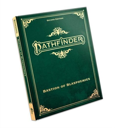 Auf grünem Hintergrund steht: "Second Edition, Pathfinder, Bastion of Blasphemies." Verziert mit goldenen Ornamenten.