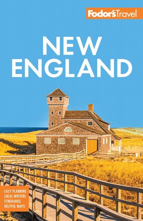 Text: "NEW ENGLAND", "Easy Planning, Local Writers, Itineraries, Helpful Maps". Ein hölzernes Haus an einem sonnigen Küstenpfad.