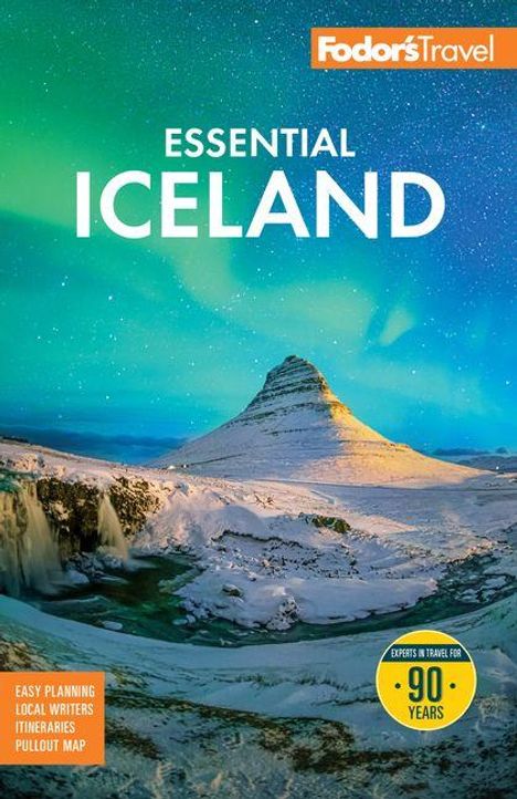 "Essential Iceland" vor einer schneebedeckten Landschaft mit Wasserfall und Berg unter Polarlichtern. Logo oben rechts.