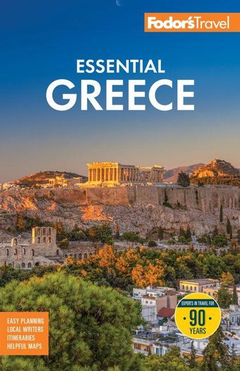 "Essential Greece", "Easy Planning", "Experts in Travel for 90 Years". Blick auf die Akropolis bei Tageslicht, blau-gelber Himmel.