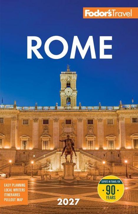 "ROME" in großen Buchstaben, darunter ein beleuchteter Platz mit Statue, Gebäude im Hintergrund. Oben "Fodor's Travel".