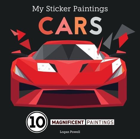 "My Sticker Paintings", "CARS", "10 Magnificent Paintings", "Logan Powell". Illustration eines roten Autos mit geometrischen Formen.