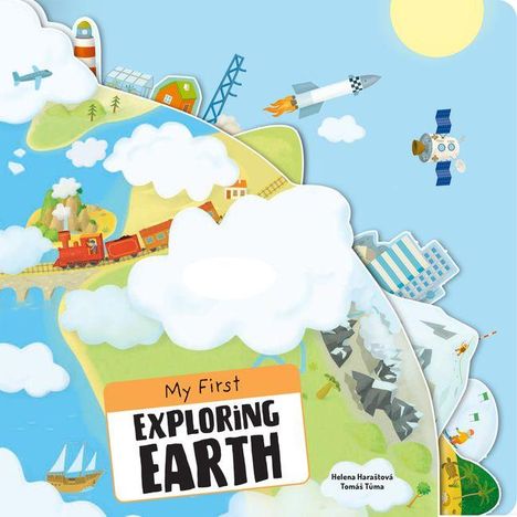 Text: "My First Exploring Earth". Illustration einer bunten Erde mit Zug, Rakete, Wolken und Bergen.