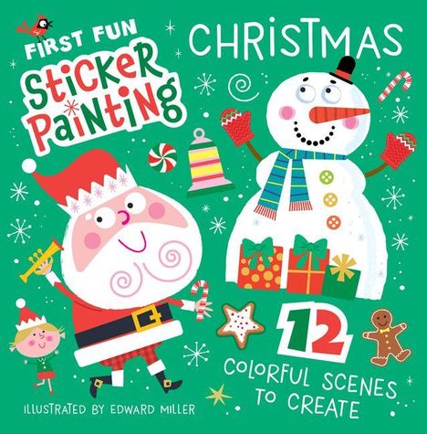 „First Fun Sticker Painting Christmas,“ zeigt einen fröhlichen Weihnachtsmann, Schneemann und Geschenke.