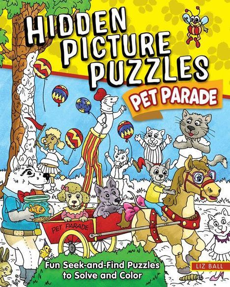 „Hidden Picture Puzzles: Pet Parade“ in großen Buchstaben. Eine fröhliche Tierparade mit einem Hund auf einem Wagen.