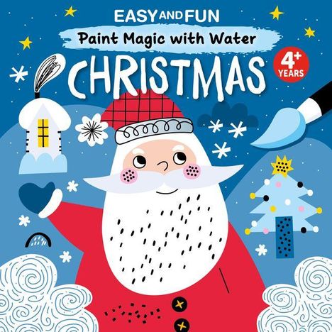 Text: "Easy and Fun Paint Magic with Water Christmas 4+ Years". Illustration mit fröhlichem Weihnachtsmann und winterlichen Motiven.