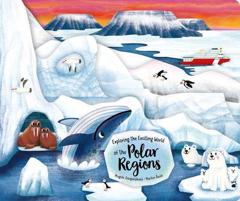 Text: "Exploring the Exciting World of the Polar Regions." Illustration zeigt Tiere in einer eisigen Polarlandschaft.