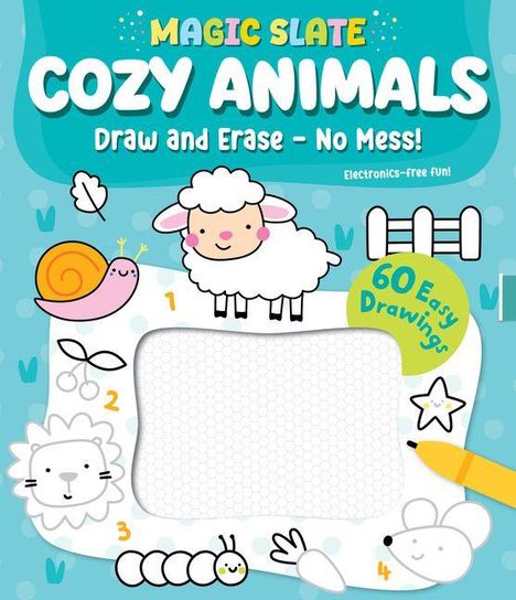 "Magic Slate: Cozy Animals. Draw and Erase - No Mess! 60 Easy Drawings." Bunte Tierillustrationen auf blauem Hintergrund.