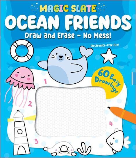 „Magic Slate: Ocean Friends“, Animationsstil mit fröhlichem Seehund, Quallen und einem Leuchtturm auf blauem Hintergrund.