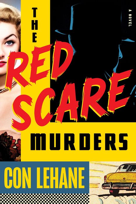 Text: "The Red Scare Murders" von Con Lehane. Illustrative Darstellung mit Frau, Mann im Hut und einem Auto.