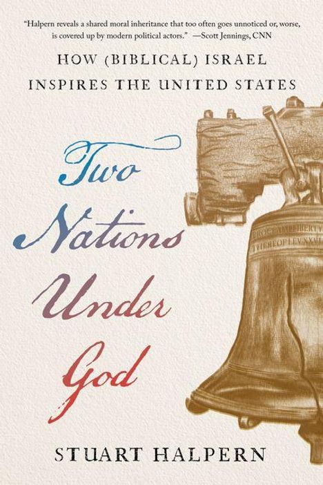 Text oben: "How (Biblical) Israel Inspires the United States". Groß: "Two Nations Under God". Unten: "Stuart Halpern". Illustration einer Glocke.