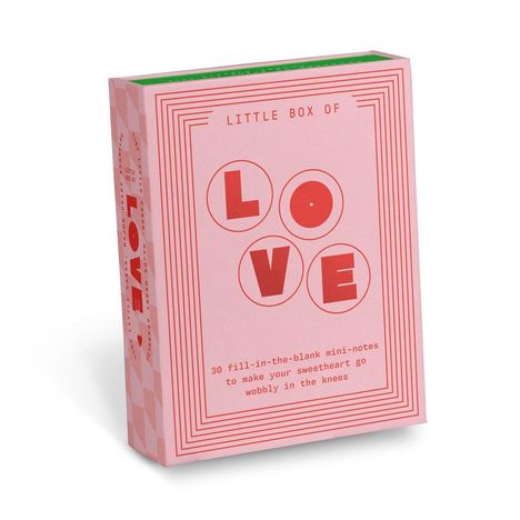 "Little Box of Love" steht auf einer rosa Schachtel mit roten Buchstaben und dekorativen Linien.