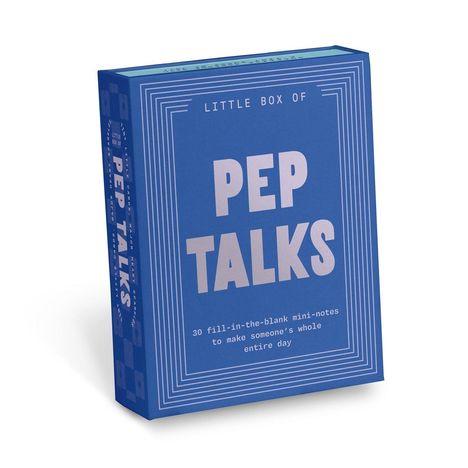 Deckel einer blauen Box mit der Aufschrift: "Little Box of Pep Talks" und erklärendem Text darunter.