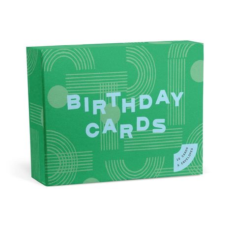 Text: "BIRTHDAY CARDS", "10 CARDS & ENVELOPES". Grüne Schachtel mit geometrischen Mustern.