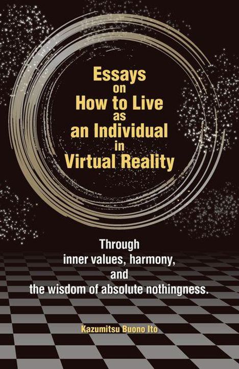 "Essays on How to Live as an Individual in Virtual Reality" steht zentral. Schwarzer Hintergrund mit Spiralen und Schachbrettmuster.