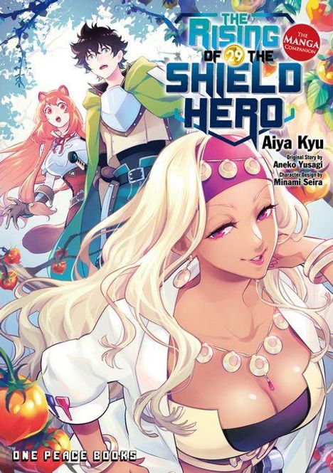 "The Rising of 29 The Shield Hero"; Manga mit drei Charakteren: Ein Mann, eine Frau mit langen roten Haaren und eine Frau mit Stirnband.