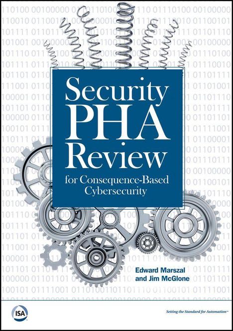 Text: "Security PHA Review for Consequence-Based Cybersecurity." Zahnrad-Illustration vor binärem Hintergrund.