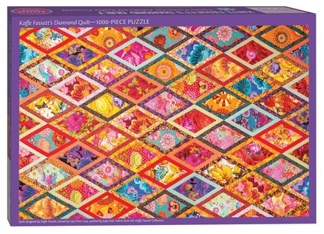 "Kaffe Fassett's Diamond Quilt—1000-PIECE PUZZLE" steht oben. Das Design zeigt bunte, florale Muster in Rauten.