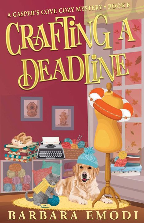 Titel: Crafting a Deadline  
Autor: Barbara Emodi  
Ein Hund und eine Katze mit Mütze, Garn, Schreibmaschine in einem gemütlichen Raum.
