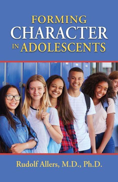 FORMING CHARACTER IN ADOLESCENTS. Sechs lächelnde Jugendliche stehen vor blauen Schließfächern. Autor: Rudolf Allers.