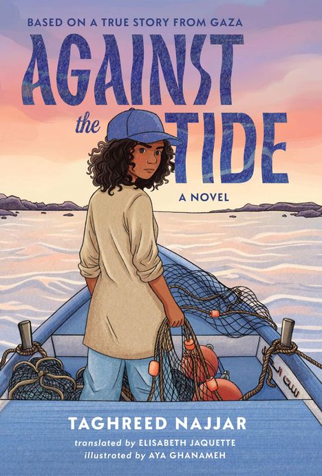 Text: "Against the Tide: A Novel." Illustration einer Person in einem Boot auf dem Wasser bei Sonnenuntergang.
