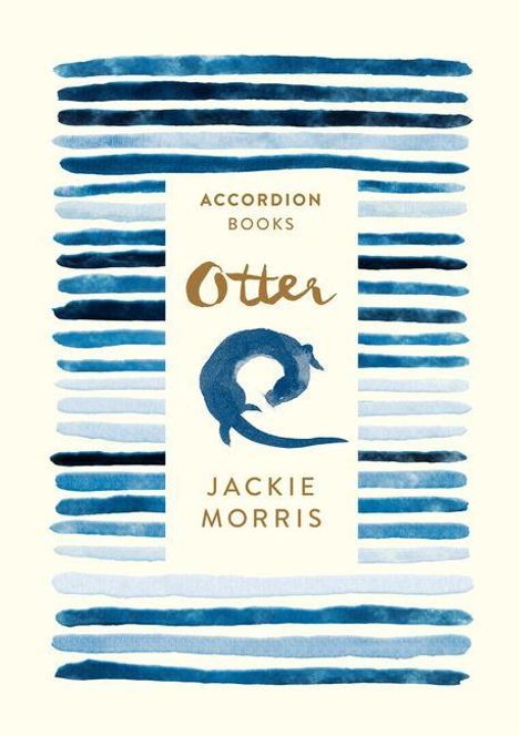 „ACCORDION BOOKS Otter JACKIE MORRIS“ in der Mitte. Illustration eines Otters umgeben von blauen Streifen.