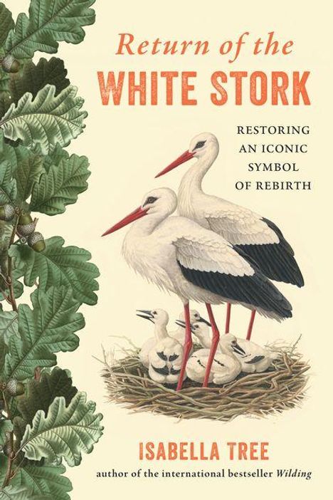„Return of the White Stork“ von Isabella Tree. Illustration von Störchen im Nest, umrahmt von Eichenblättern.