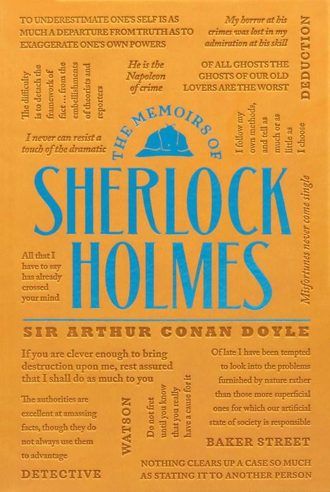 Text: "The Memoirs of Sherlock Holmes", Zitate umrahmen den Titel. Illustration eines Hutes. Autor: Sir Arthur Conan Doyle.