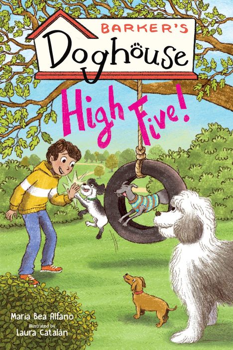 „Barker's Doghouse: High Five!“ Ein Junge klatscht mit einem Hund ab. Weitere Hunde im Park. Verspielte Szene.