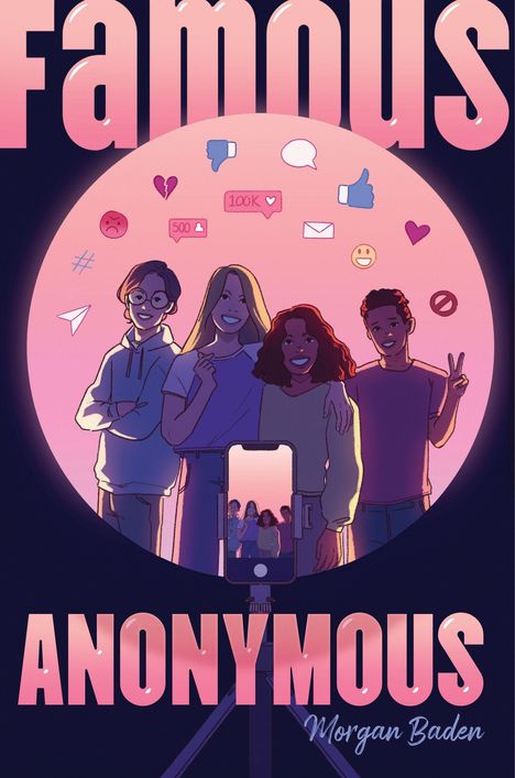"Famous Anonymous", Morgan Baden. Illustration: Vier lächelnde Personen, Symbole für soziale Medien, die von einem Ringlicht beleuchtet werden.