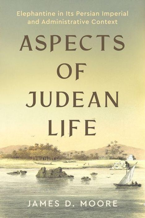 „ASPECTS OF JUDEAN LIFE“, James D. Moore. Oben Landschaft mit Wasser, Palmen und einem Segelboot.