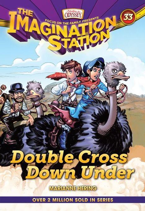 „Double Cross Down Under“; zwei Kinder auf Straußen reitend, mit einem Mann und Wolken im Hintergrund. Abenteuerhaftes Design.