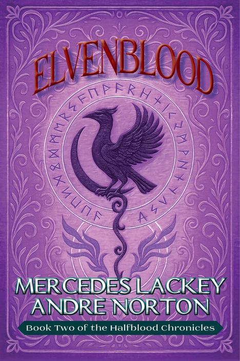 Der Text „ELVENBLOOD“ ist prominent. Purpurnes Cover mit Runen und einem Vogel in der Mitte. Darunter stehen zwei Schriftzüge.
