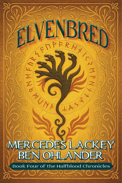 "ELVENBRED" in großen Buchstaben oben. Darunter "Mercedes Lackey Ben Ohlander". Hintergrund: dekoratives Muster.