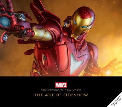 Logo „MARVEL“, Text „COLLECTING THE UNIVERSE: THE ART OF SIDESHOW“. Roter, goldener Superheldenanzug in Aktion.