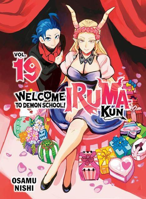 Vol. 19, Welcome to Demon School! Iruma Kun, Osamu Nishi. Zwei Figuren sitzen umgeben von Geschenken, eine mit Hörnern.