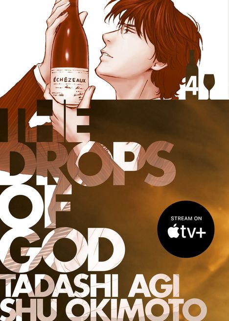 Text: "The Drops of God", "Tadashi Agi Shu Okimoto", "Stream on Apple TV+". Illustration: Person hält Weinflasche.