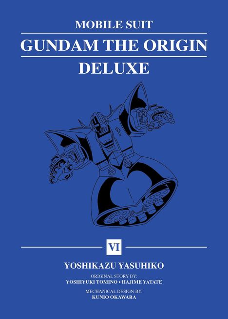 Text oben: "Mobile Suit Gundam The Origin Deluxe". Illustration: Ein detaillierter Roboter in Schwarz auf blauem Hintergrund.