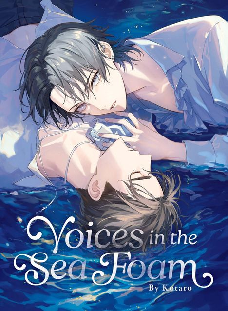 „Voices in the Sea Foam by Kotaro“. Zwei Personen in inniger Pose im Wasser liegend, Anime-Illustration.