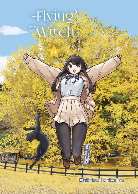 "Flying Witch 14", darunter steht "Chihiro Ishizuka". Eine junge Frau springt fröhlich vor herbstlichem Baum, begleitet von Katze.