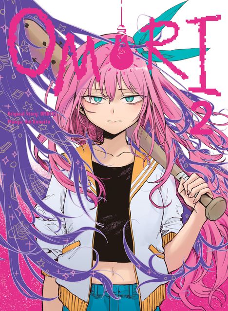 „OMORI 2“ in großen pinken Buchstaben. Ein Mädchen mit rosa Haaren hält einen Baseballschläger. Manga-Stil.