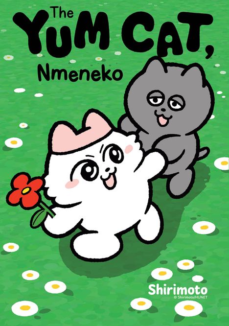 "The Yum Cat, Nmeneko" Schriftzug oben. Comic-Katzen, eine hält eine Blume, auf grünem Hintergrund mit kleinen Blumen.